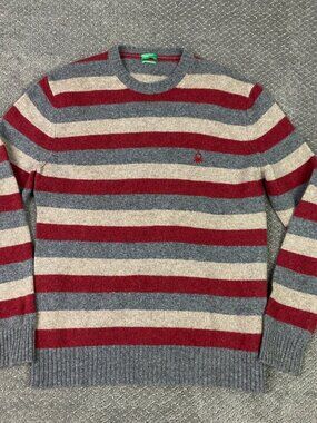 United Colors of Benetton Shetland Wool Sweater Women's Euro XXL Gray Red Stripe